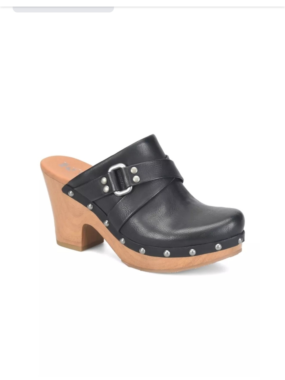 Women's Black Leather Clog Heel with Wood Platform